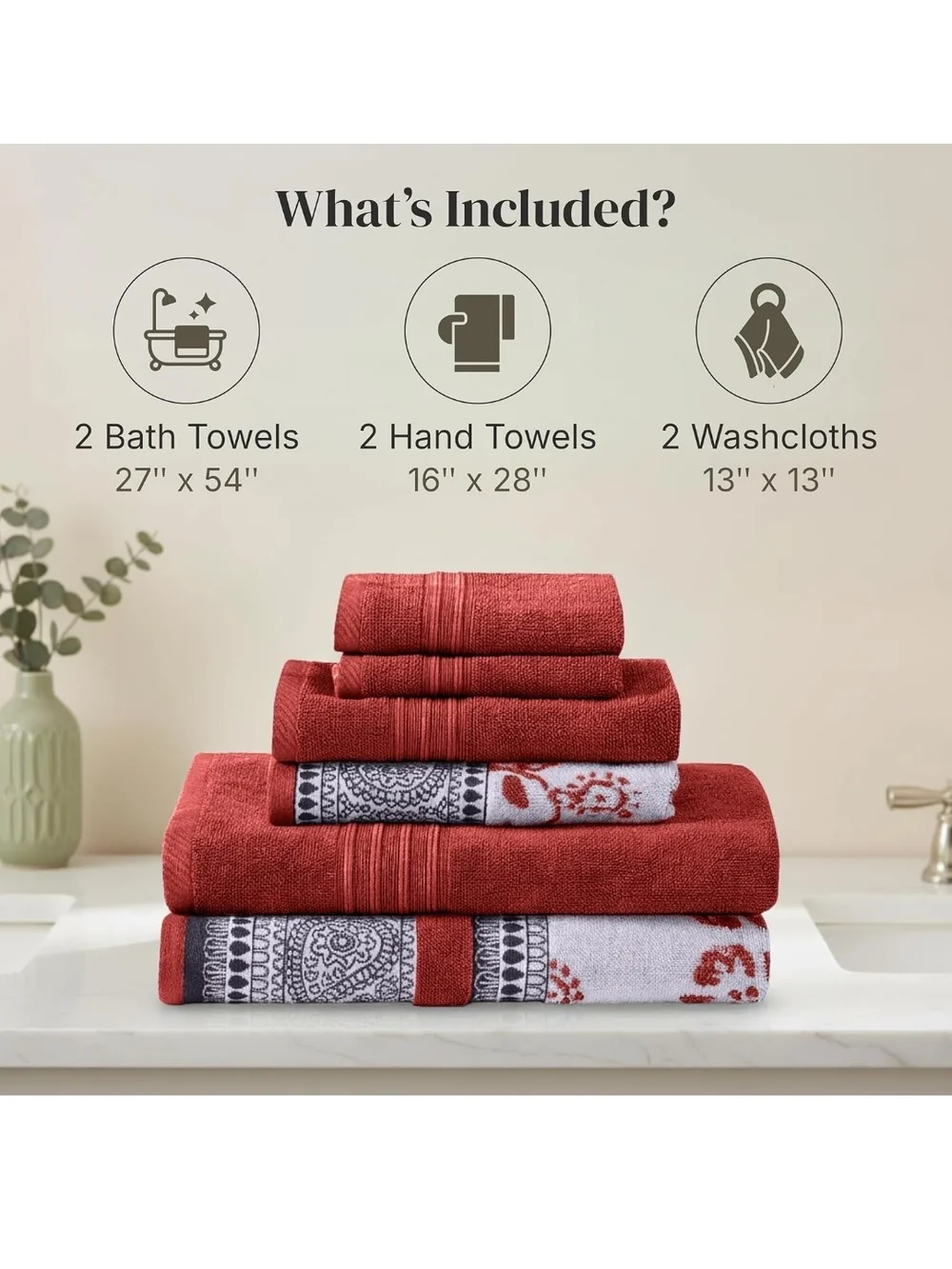 Rust Floral Cotton Towel Set - Soft Absorbent Bath Linens 6pcs